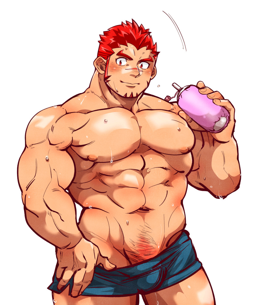 1boy abs akashi_(live_a_hero) alternate_costume bara blue_shorts blush bulge clothes_pull dolphin_shorts facial_hair feet_out_of_frame goatee gradient_hair highres holding kizami_nori_to_yamaimo large_pectorals live_a_hero long_sideburns male_focus multicolored_hair muscular muscular_male navel navel_hair nipples no_male_underwear pectorals pubic_hair pubic_hair_peek pulled_by_self red_eyes red_hair short_hair shorts shorts_pull sideburns smile solo stomach sweat thick_eyebrows thick_thighs thighs topless_male