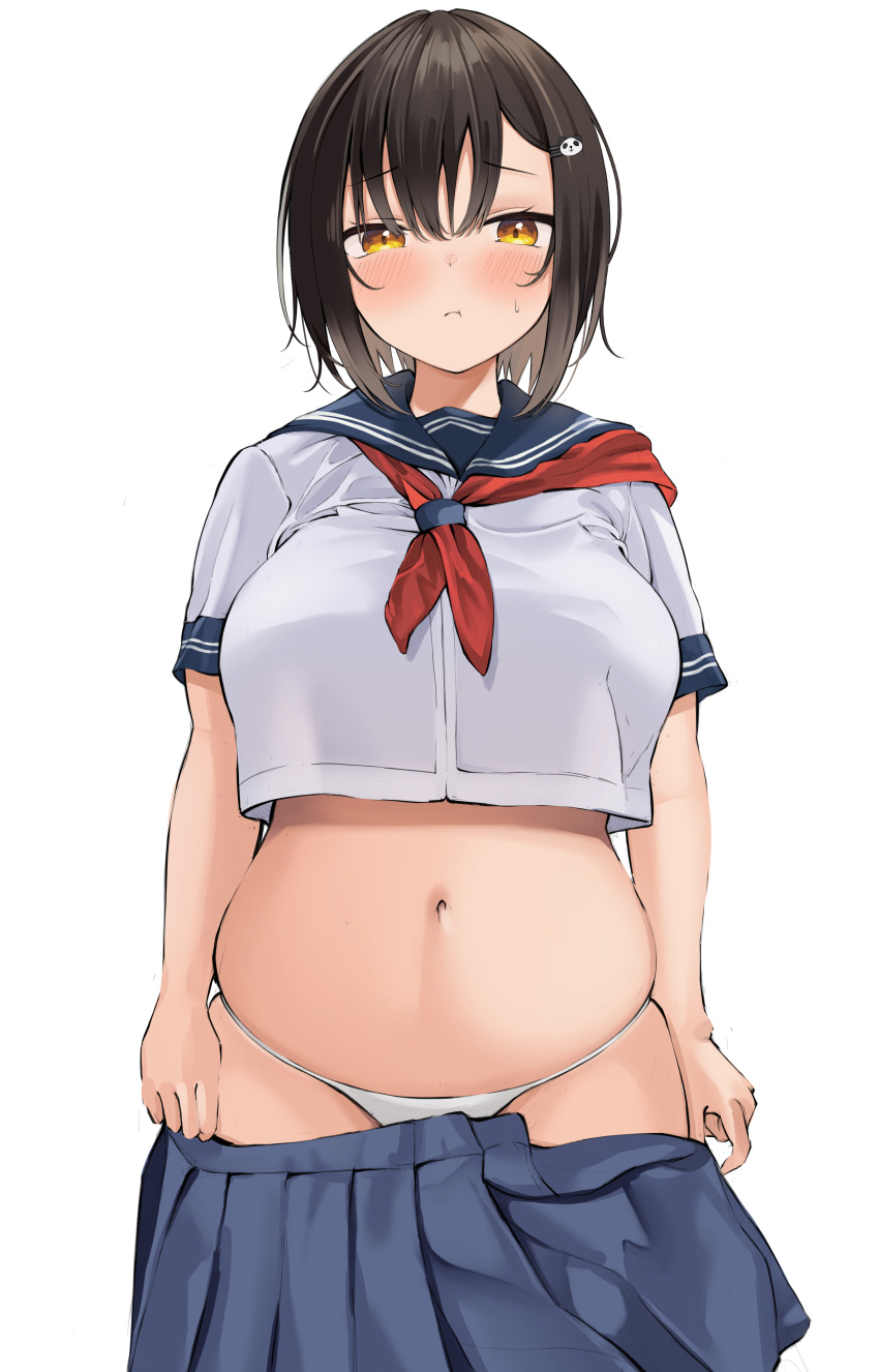 1girl absurdres bangs belly black_hair blue_sailor_collar blue_skirt blush breasts closed_mouth clothes_pull commentary cowboy_shot crop_top crop_top_overhang cropped_shirt english_commentary hair_ornament highres large_breasts looking_at_viewer navel neckerchief neneneji original panda_hair_ornament panties pleated_skirt plump pout pull red_neckerchief sailor_collar school_uniform serafuku shirt short_hair short_sleeves simple_background skindentation skirt skirt_pull sleeve_cuffs solo standing underwear white_background white_panties white_shirt yellow_eyes