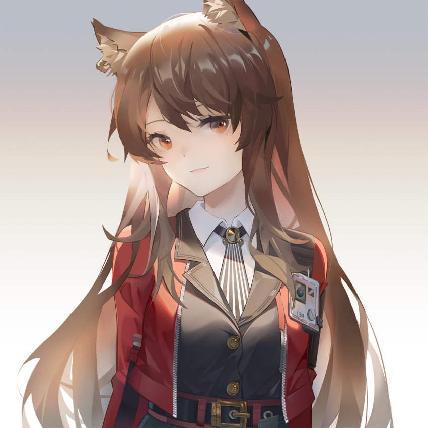 1girl animal_ears arknights black_necktie black_shirt brown_eyes brown_hair buttons cat_ears collared_shirt cropped_jacket dress_shirt ear_piercing gradient gradient_background grey_background highres jacket long_hair looking_at_viewer necktie open_clothes open_jacket piercing red_jacket shirt skyfire_(arknights) smile solo striped undershirt upper_body vertical-striped_neckwear vertical_stripes very_long_hair white_necktie white_shirt zame_(960944453)