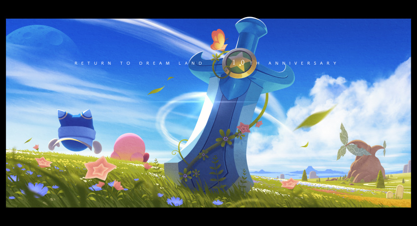 5health absurdres anniversary blue_sky cloud copyright_name field flower from_behind grass highres kirby kirby's_return_to_dream_land kirby_(series) letterboxed magolor moon mountainous_horizon plant planted planted_sword scenery sitting sky sword tree vines weapon wind