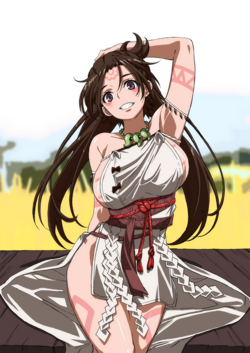 1girl bead_necklace beads body_markings breasts brown_eyes brown_hair facial_mark fate/grand_order fate_(series) forehead forehead_mark highres himiko_(fate) jewelry large_breasts looking_at_viewer magatama magatama_necklace necklace no_bra side_slit sideboob smile solo topknot yuukami_(wittsu)
