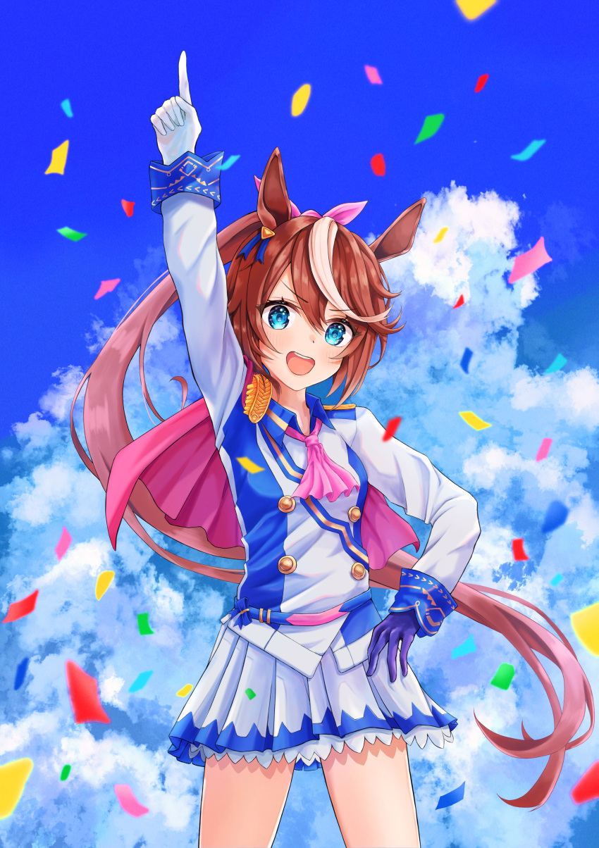 1girl :d absurdres ascot asymmetrical_gloves black_gloves blue_eyes blue_jacket blue_skirt blush brown_hair buttons confetti cowboy_shot double-breasted epaulettes gloves hair_flaps hair_ribbon hand_on_hip harupuri913 high_ponytail highres horse_girl index_finger_raised jacket long_hair long_sleeves looking_at_viewer miniskirt mismatched_gloves multicolored_clothes multicolored_hair multicolored_jacket open_mouth pink_ascot pink_ribbon pleated_skirt pointing pointing_up ribbon single_epaulette skirt smile solo streaked_hair teeth tokai_teio_(umamusume) two-tone_hair two-tone_jacket two-tone_skirt umamusume upper_teeth v-shaped_eyebrows white_gloves white_hair white_jacket white_skirt