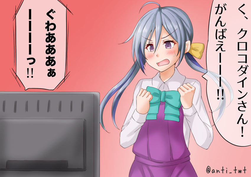 1girl ahoge anti_(untea9) blue_bow blue_bowtie blush bow bowtie commentary_request computer cowboy_shot dress dress_shirt eyebrows_visible_through_hair gradient gradient_background grey_hair hair_bun halterneck kantai_collection kiyoshimo_(kancolle) long_hair long_sleeves low_twintails one-hour_drawing_challenge open_mouth purple_dress purple_eyes red_background shirt solo sweatdrop twintails twitter_username white_shirt