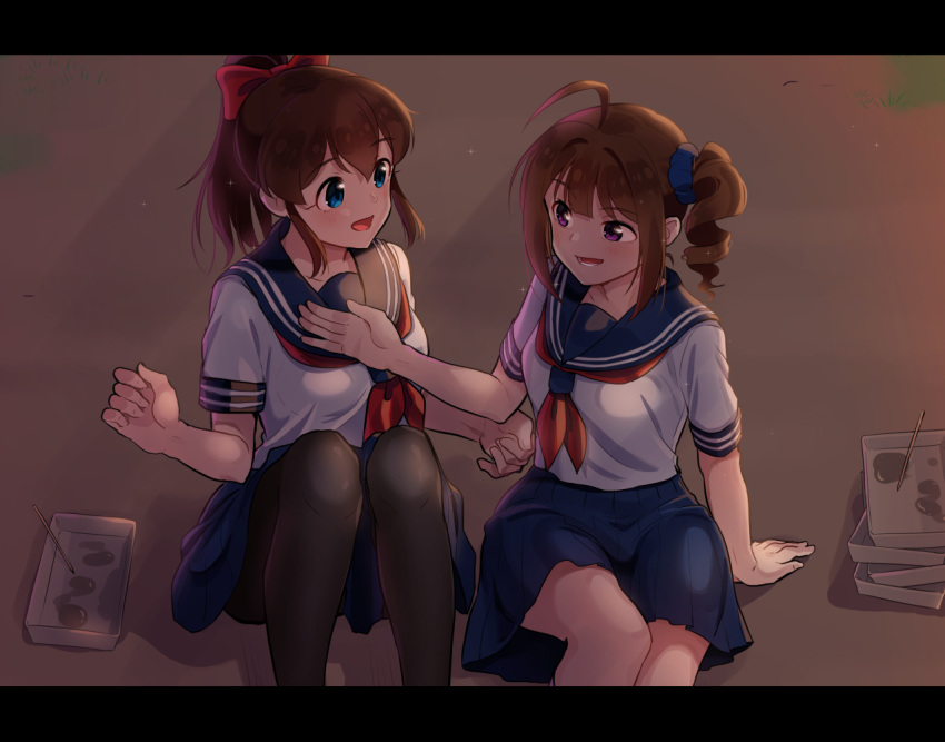 2girls ahoge bangs black_legwear blouse blue_eyes blue_sailor_collar blue_sky bow brown_hair commentary_request drill_hair eyebrows_visible_through_hair hair_bow hair_ornament hair_scrunchie idolmaster idolmaster_million_live! kamille_(vcx68) letterboxed looking_at_another medium_hair miniskirt multiple_girls neckerchief open_mouth pantyhose partial_commentary pleated_skirt ponytail purple_eyes red_bow red_neckerchief sailor_collar satake_minako school_uniform scrunchie serafuku short_sleeves side-by-side side_drill side_ponytail sidelocks sitting skirt sky white_blouse yokoyama_nao