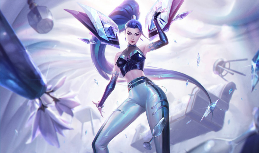 1girl aqua_hair bare_shoulders belt black_gloves black_pants bracelet breasts bustier detached_sleeves detached_wings earrings eyeshadow fingerless_gloves gloves hair_ornament hand_up idol jewelry k/da_(league_of_legends) k/da_all_out_kai'sa kai'sa league_of_legends lipstick long_hair looking_at_viewer makeup medium_breasts multicolored_hair multiple_belts navel official_alternate_costume official_art pants ponytail purple_eyes purple_hair red_lips single_glove solo two-tone_hair two-tone_pants very_long_hair white_pants wings