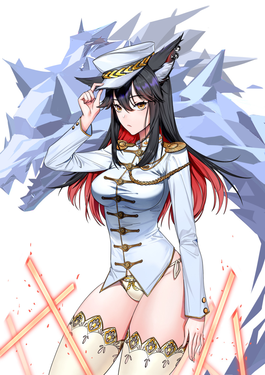 1girl absurdres animal_ears arknights bangs black_hair bottomless closed_mouth earrings hat highres holding holding_clothes holding_hat jacket jewelry long_hair looking_at_viewer military military_hat military_jacket military_uniform panties qingtiana solo texas_(arknights) thighhighs underwear uniform white_background white_headwear white_jacket white_legwear white_panties wolf_ears wolf_girl yellow_eyes