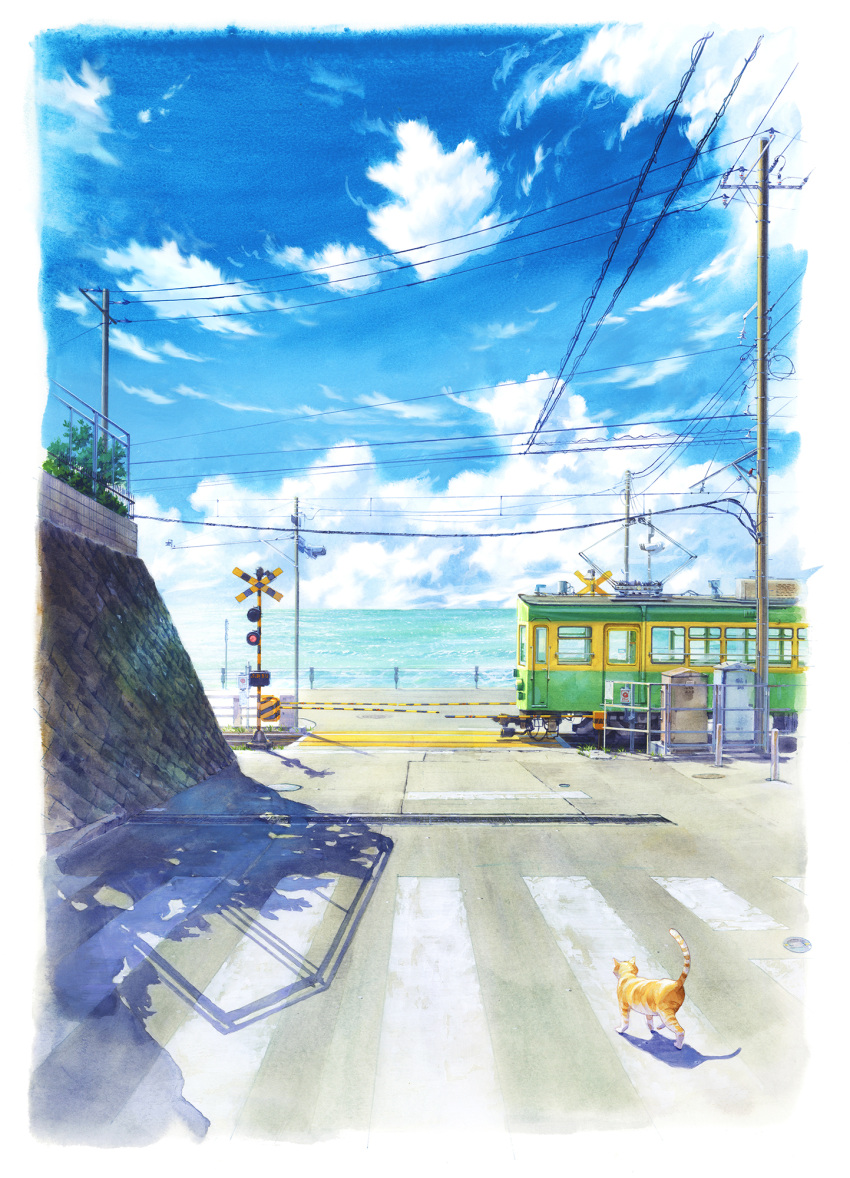 cable cat cloud commentary_request crosswalk day enoshima_electric_railway ground_vehicle highres no_humans ocean original power_lines railroad_crossing railroad_tracks road scenery shade shonan211 sky sunlight train utility_pole