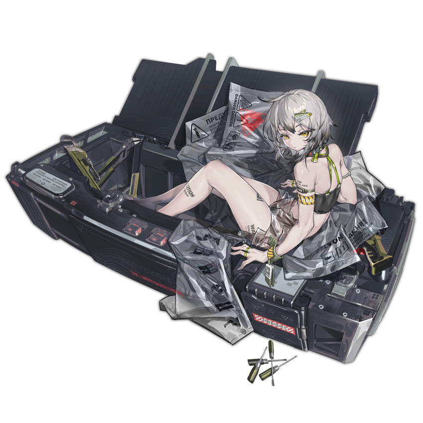 1girl adjustable_wrench ahoge bag barcode bare_shoulders box caution croque_(girls'_frontline_nc) english_text expressionless full_body game_cg girls'_frontline girls'_frontline_neural_cloud grey_hair hair_ornament hairclip highres in_box in_container jewelry looking_at_viewer looking_back no_pants official_alternate_costume official_art plastic_bag ring russian_text screwdriver short_hair sitting solo strapless tattoo tools transparent_background tube_top wrench yellow_eyes