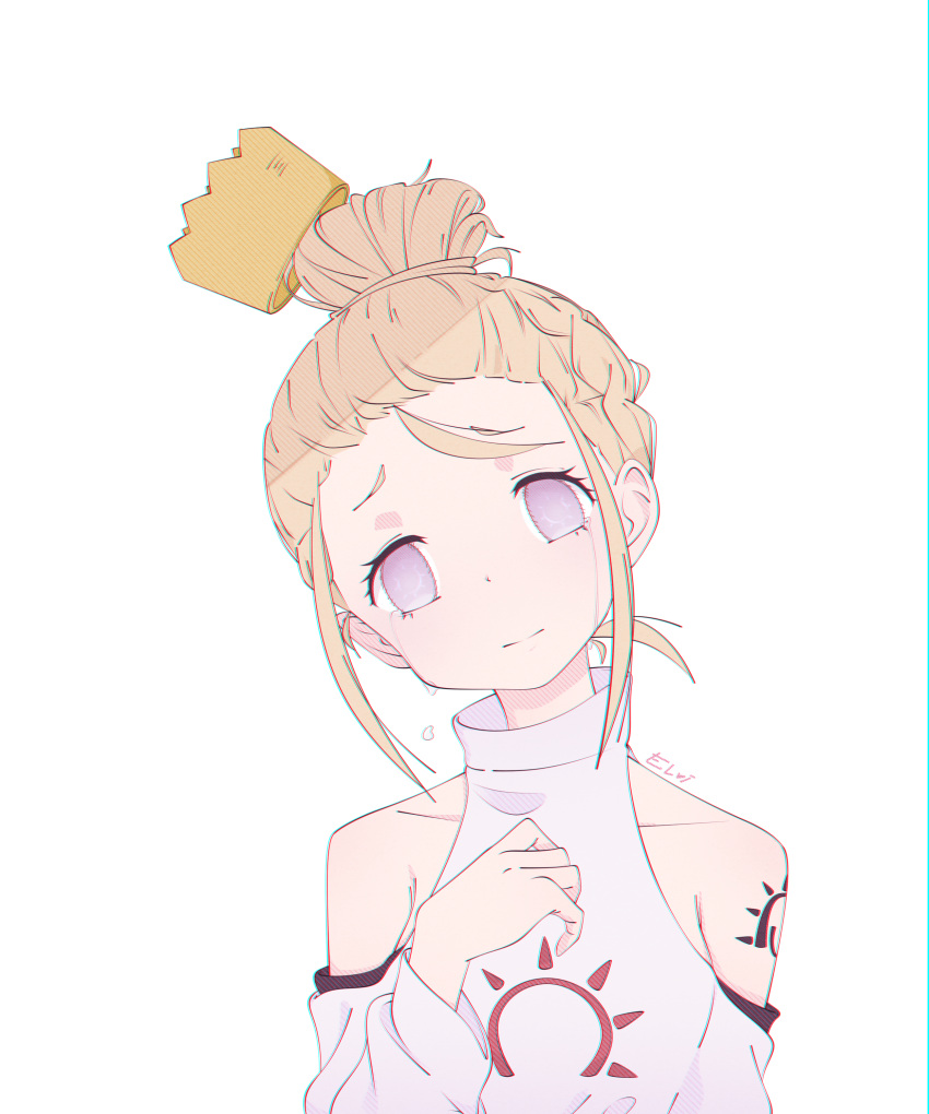 1girl absurdres blonde_hair crown crying en'en_no_shouboutai haumea highres looking_at_viewer mocca ponytail simple_background solo tears white_background