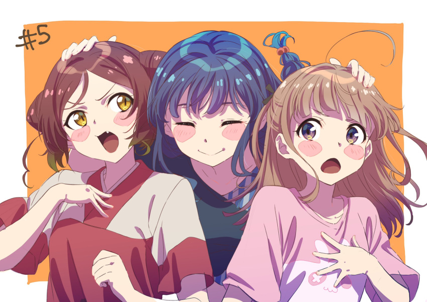 3girls :o ^_^ ahoge animal_print annoyed bangs blue_hair blunt_bangs blunt_ends blush_stickers border braid braided_ponytail brown_hair bunny_print closed_eyes closed_mouth collarbone commentary_request double_bun episode_number facing_viewer fang floating_hair gradient_hair green_hair hand_on_another's_head hand_on_own_chest headpat highres japanese_clothes koizumi_uta light_brown_hair long_hair looking_at_another looking_to_the_side multicolored_hair multiple_girls o2jyy open_mouth orange_background outside_border purple_eyes selection_project shirt sideways_glance simple_background sketch slit_pupils smile striped striped_shirt touma_mako two-tone_shirt v-shaped_eyebrows white_border yamaga_shiori yellow_eyes