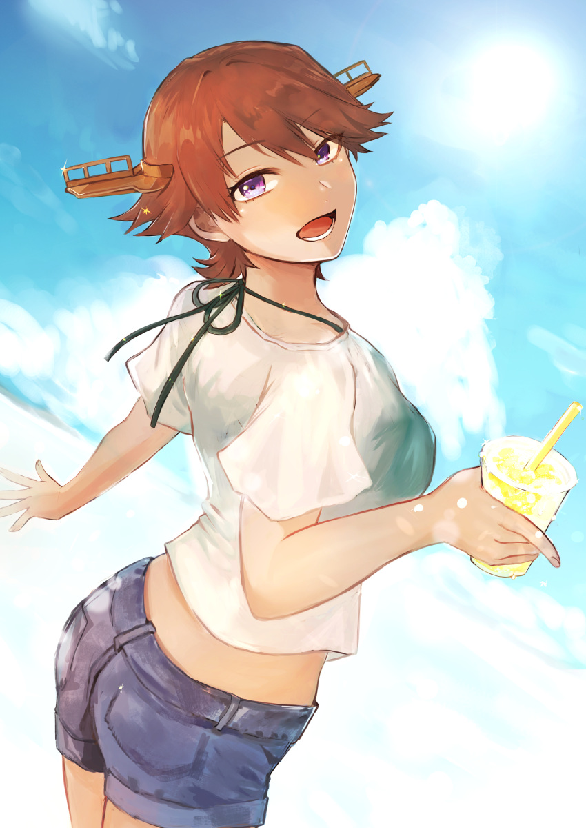 1girl absurdres alternate_costume ass bangs bikini bikini_under_clothes breasts brown_hair cup denim denim_shorts disposable_cup eyebrows_visible_through_hair from_behind green_bikini hagioshi hair_between_eyes head_tilt headgear hiei_(kancolle) highres holding holding_cup kantai_collection looking_at_viewer open_mouth purple_eyes see-through short_hair shorts simple_background solo swimsuit