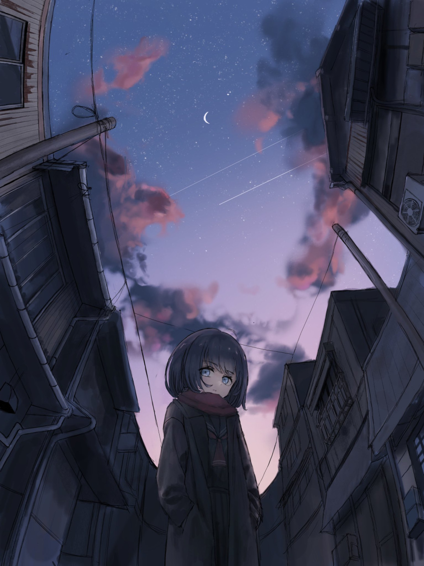1girl black_hair blue_eyes brown_coat building cloud coat commentary crescent_moon evening from_below hands_in_pockets highres moon neckerchief original power_lines red_neckerchief red_scarf sailor_collar sakiika0513 scarf scenery shooting_star sky solo standing star_(sky) starry_sky town utility_pole ventilator