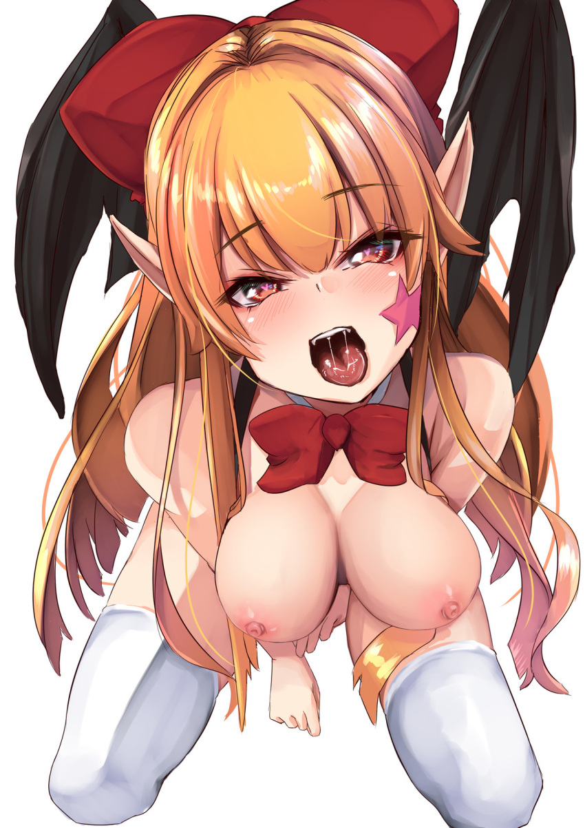 1girl areolae bat_wings blush bow bowtie breasts elis_(touhou) eyebrows_visible_through_hair from_above hair_bow head_tilt heart heart-shaped_pupils highres large_breasts long_hair looking_at_viewer nipples nude open_mouth oral_invitation orange_hair pointy_ears red_bow red_bowtie red_eyes saliva saliva_trail simple_background sitting solo star_(symbol) symbol-shaped_pupils textless thighhighs tongue tongue_out touhou touhou_(pc-98) very_long_hair wariza white_background white_legwear wings yukito_(dreamrider)