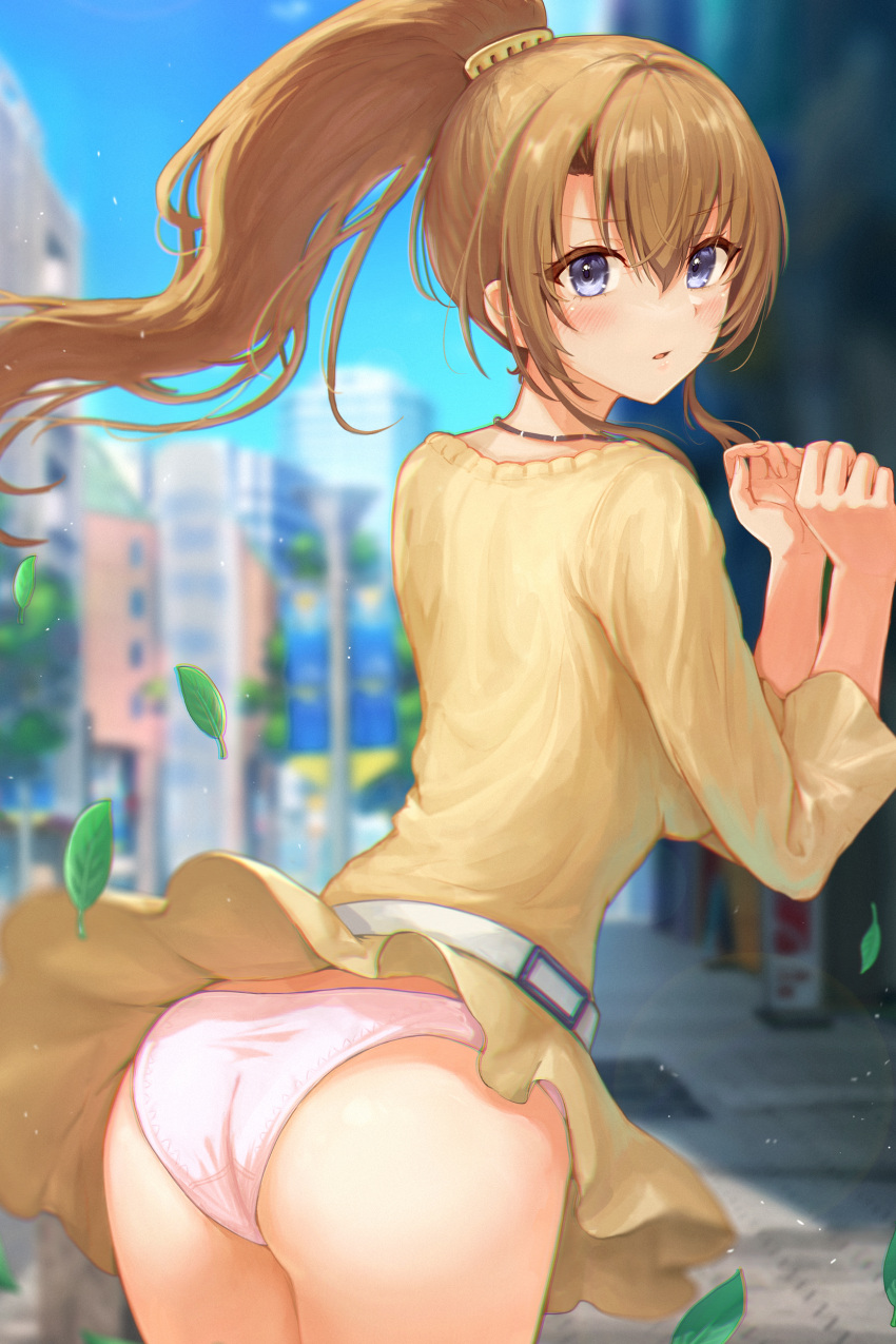 absurdres akatsuki_no_goei ass belt blonde_hair blue_eyes city cityscape clothes_lift dress from_behind hands_up highres leaf leaves_in_wind looking_at_viewer outdoors panties pantyshot pink_panties ponytail sauvignon skirt skirt_lift underwear wind wind_lift yellow_dress yellow_skirt