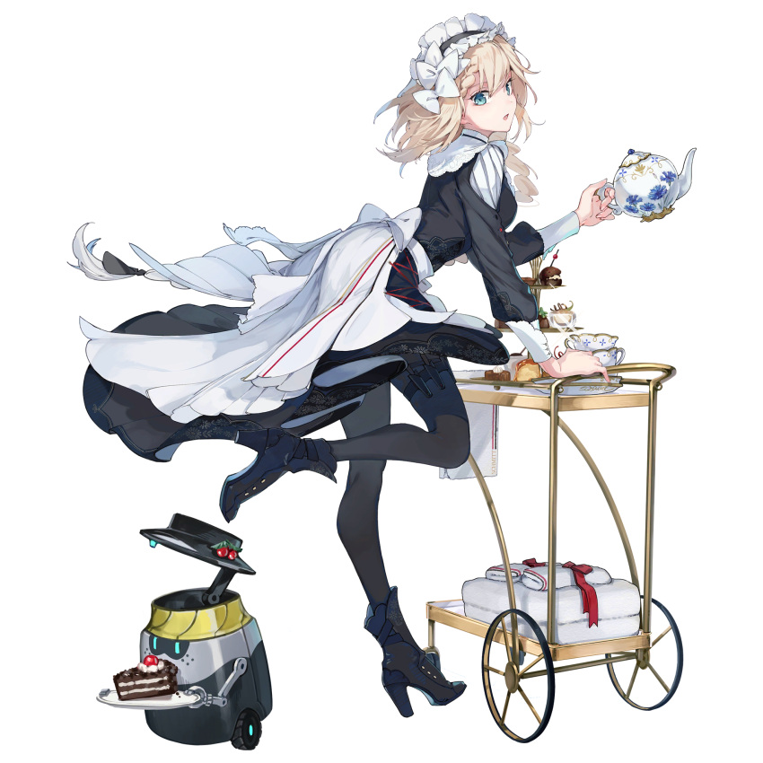 1girl black_dress blonde_hair blue_eyes boots bow braid cake cake_slice cup dress food from_side full_body g36_(girls'_frontline) game_cg girls'_frontline girls'_frontline_neural_cloud hair_bow high_heel_boots high_heels highres leg_up long_hair looking_at_viewer maid maid_headdress official_art open_mouth pantyhose serving_cart shuzi solo teacup teapot transparent_background