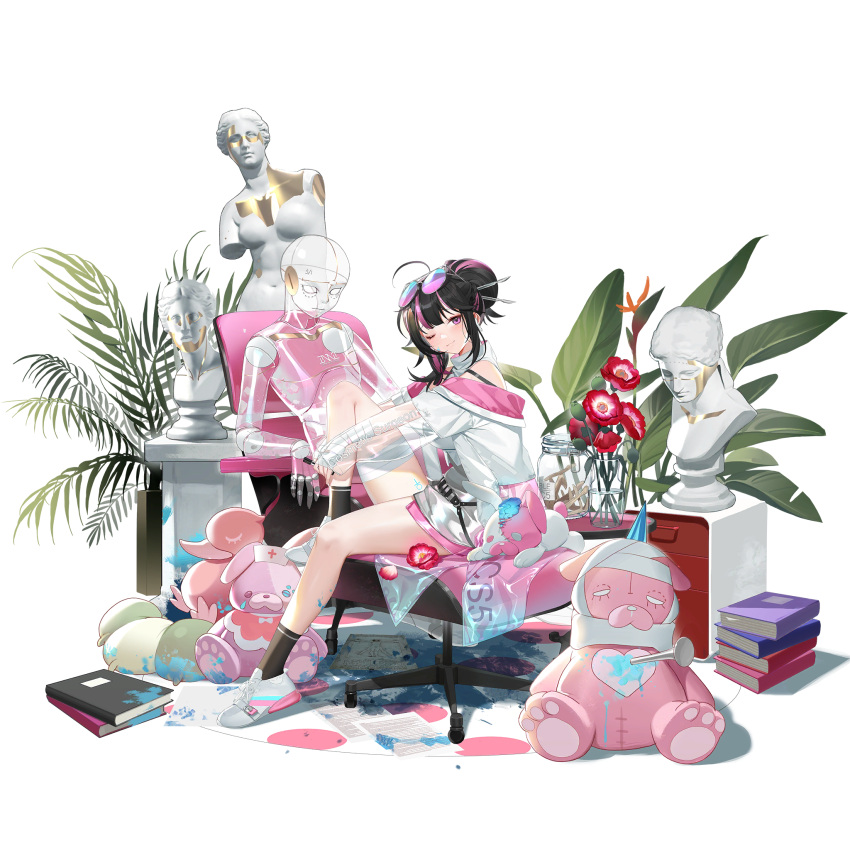 1girl :3 ahoge bahao_diqiu bandaged_arm bandaged_leg bandages black_hair black_legwear bone book breasts bust_(sculpture) chair doll dress eyewear_on_head flower full_body game_cg girls'_frontline girls'_frontline_neural_cloud hair_ornament highres jacket jar large_breasts leg_up looking_at_viewer multicolored_hair off_shoulder official_art one_eye_closed pink_hair purple_eyes scalpel see-through see-through_sleeves shoes short_dress sitting smile socks solo statue streaked_hair stuffed_toy tinted_eyewear transparent_background vee_(girls'_frontline_nc) venus_symbol white_dress