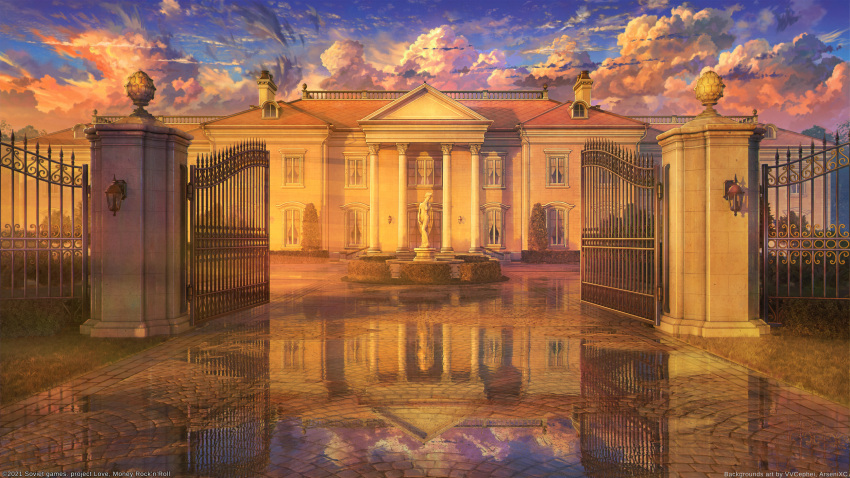 3d arsenixc artist_name blue_sky building cloud cloudy_sky commentary english_commentary gate highres house mansion mixed-language_commentary no_humans original pavement puddle reflection reflective_water scenery sky statue sunset window