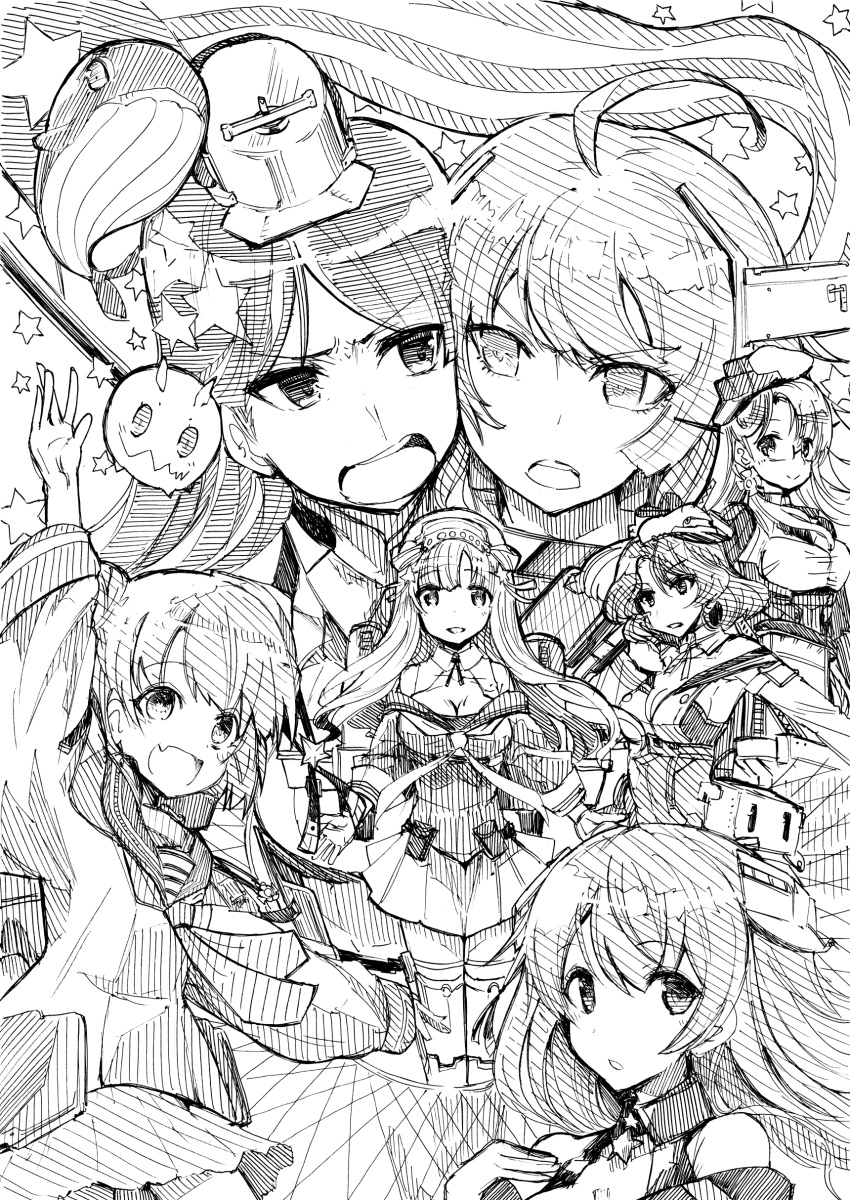 6+girls absurdres ahoge american_flag animal arm_up blue_whale breasts cheek-to-cheek cleavage double_bun eyebrows_visible_through_hair fang flag fletcher_(kancolle) glasses greyscale hat headgear heads_together highres houston_(kancolle) johnston_(kancolle) kantai_collection large_breasts little_blue_whale_(kancolle) long_hair monochrome multiple_girls neckerchief northampton_(kancolle) open_mouth parted_lips pen_(medium) pleated_skirt sailor_collar samuel_b._roberts_(kancolle) school_uniform serafuku short_hair skin_fang skirt south_dakota_(kancolle) star_(symbol) traditional_media tsuji_kazuho two_side_up washington_(kancolle) whale