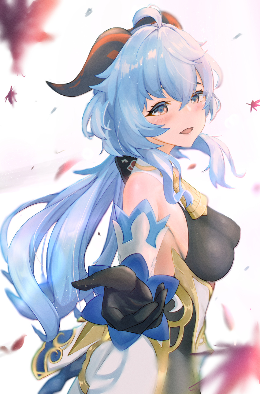 1girl absurdres ahoge bangs bare_shoulders bell black_gloves blue_hair blush bow bowtie breasts curled_horns detached_sleeves ganyu_(genshin_impact) genshin_impact gloves gold_trim highres horns leaf long_hair looking_at_viewer low_ponytail medium_breasts neck_bell o_aries346 purple_eyes sideboob sidelocks smile solo waist_cape white_sleeves