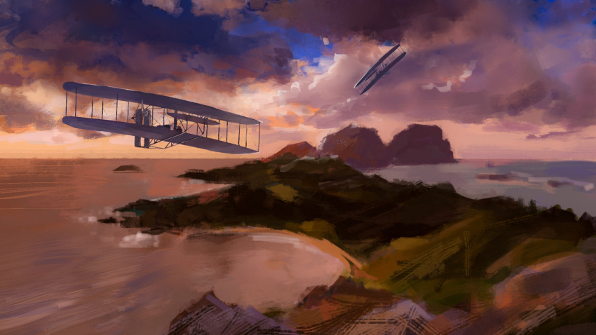 aircraft airplane biplane chinese_commentary cloud commentary_request dusk flying highres island landscape nature no_humans ocean original scenery shore sky yi_wenbiao