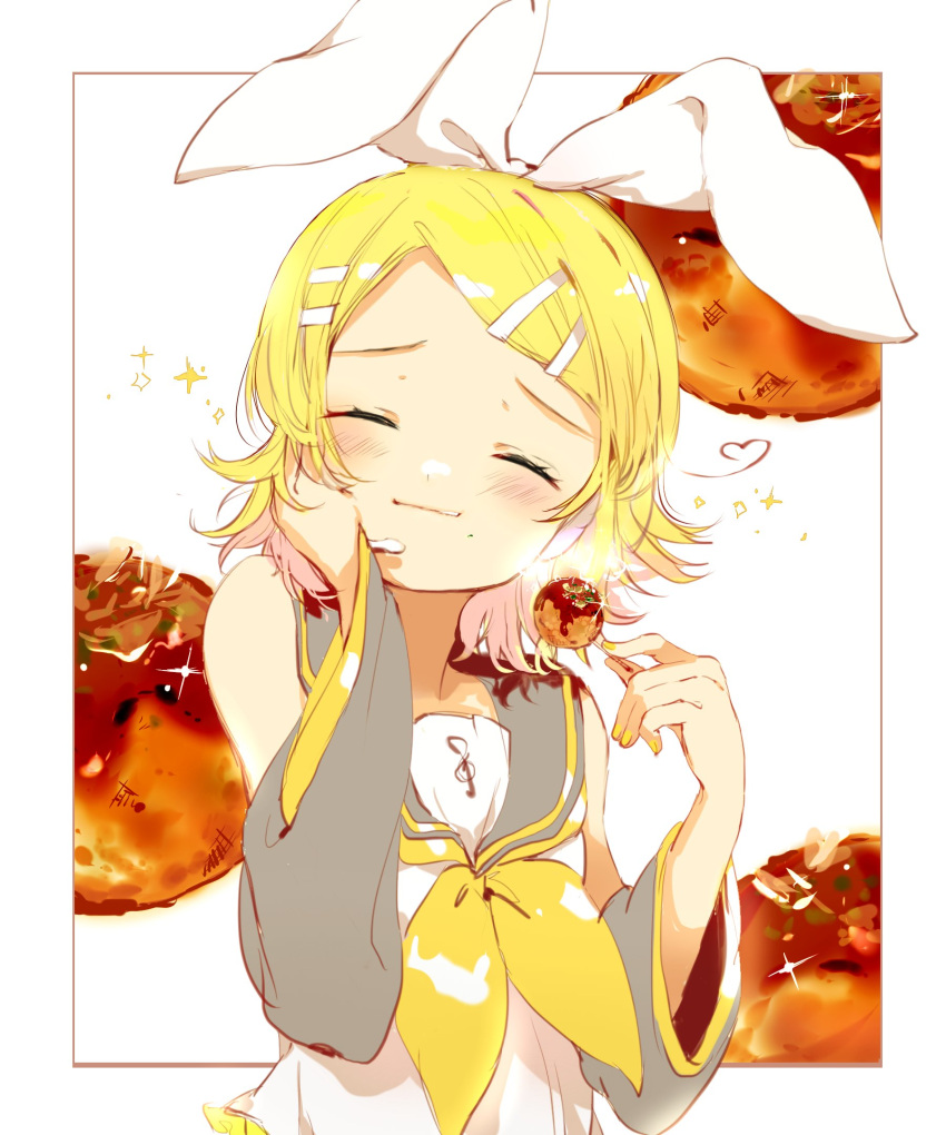 1girl arm_warmers bangs bare_shoulders blonde_hair blush bow collar commentary eating food furrowed_brow grey_collar grey_sleeves hair_bow hair_ornament hairclip hand_on_own_cheek hand_on_own_face hands_up happy highres holding holding_food kagamine_rin oyamada_gamata school_uniform shirt short_hair sleeveless sleeveless_shirt solo sparkle swept_bangs takoyaki treble_clef upper_body vocaloid white_background white_bow white_shirt