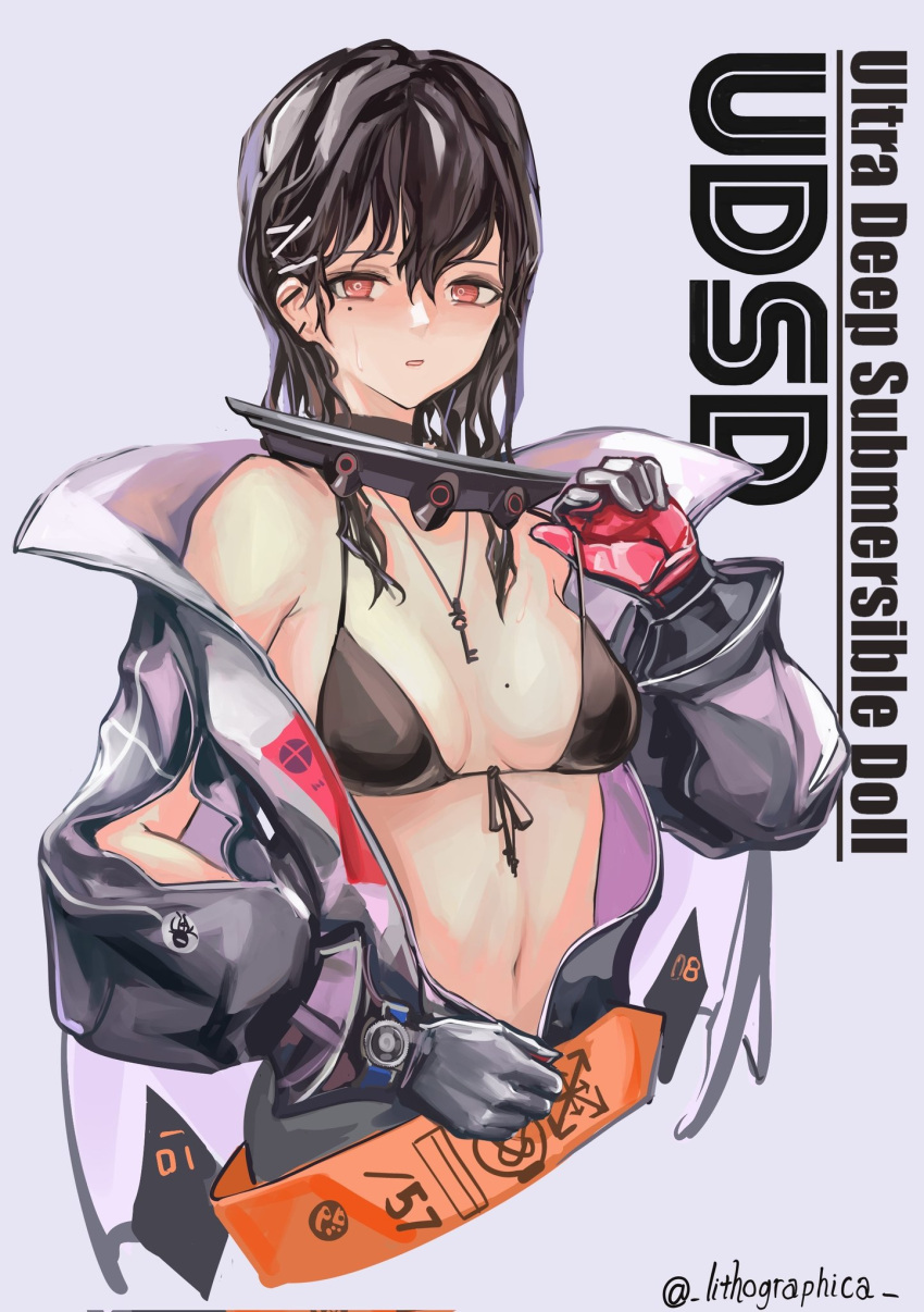1girl bare_shoulders bikini bikini_top black_bikini bodysuit breasts brown_hair check_commentary collar commentary commentary_request ear_piercing english_text girls'_frontline girls'_frontline_neural_cloud gloves hair_between_eyes hair_ornament hairclip hatsuchiri_(girls'_frontline_nc) highres key_necklace lithographica long_hair looking_at_viewer medium_breasts metal_collar mole mole_on_breast mole_under_eye navel off_shoulder open_wetsuit parted_lips piercing red_eyes simple_background solo swimsuit twitter_username upper_body wet wet_hair wetsuit