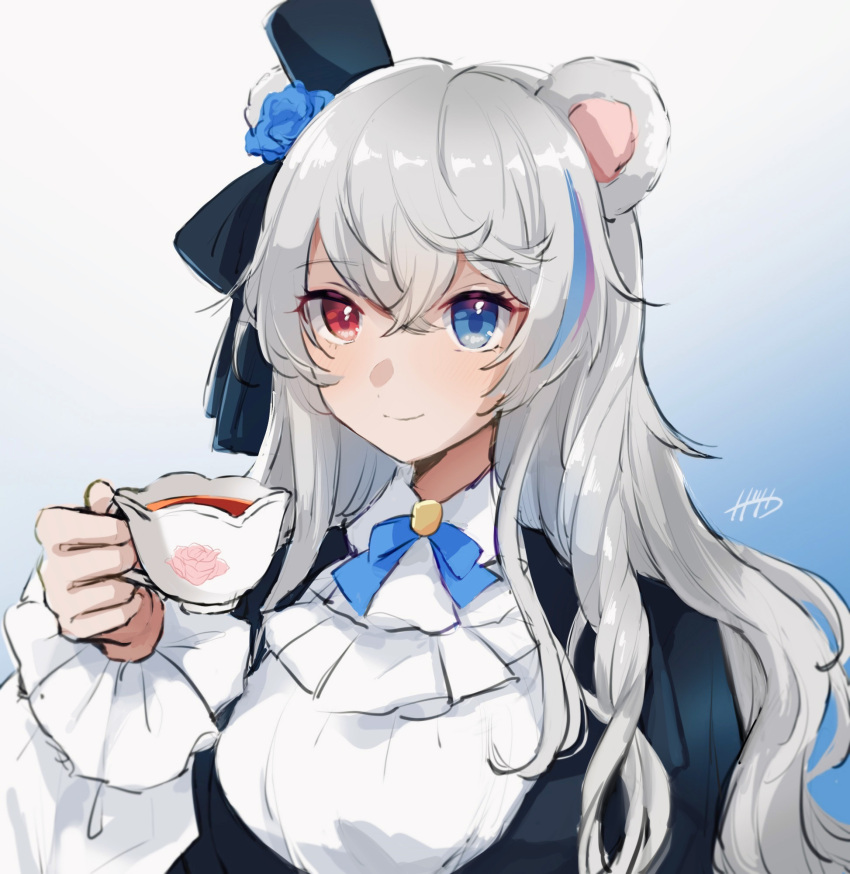 1girl animal_ears arknights bear_ears black_headwear blue_background blue_bow blue_bowtie blue_eyes blue_flower blue_hair bow bowtie cup flower gradient gradient_background grey_hair hair_between_eyes hair_flower hair_ornament hat heterochromia highres holding holding_cup light_blush long_hair looking_at_viewer mini_hat multicolored_hair nanatsuka portrait purple_hair red_eyes rosa_(arknights) shirt signature simple_background smile solo streaked_hair teacup wavy_hair white_background white_shirt