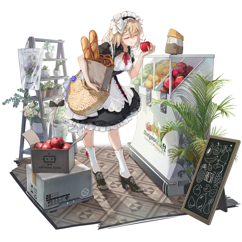 1girl apple apron bag baguette black_dress blonde_hair box braid bread chalkboard_sign closed_eyes dress flower food french_braid fruit full_body g36_(girls'_frontline) game_cg girls'_frontline girls'_frontline_neural_cloud hair_between_eyes high_heels highres holding holding_bag holding_food holding_fruit leaning_forward long_hair maid_headdress official_art paper_bag plant potted_plant pretzel shoes shopping short_sleeves shuzi smile socks solo transparent_background white_legwear