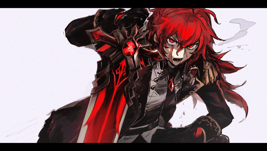 1boy bangs black_gloves black_jacket black_neckwear black_pants blood blood_on_face diluc_(genshin_impact) genshin_impact gloves greatsword grey_background hair_between_eyes holding holding_sword holding_weapon jacket letterboxed long_hair looking_at_viewer male_focus menma222 open_mouth pants ponytail red_eyes red_hair simple_background solo squatting sword weapon