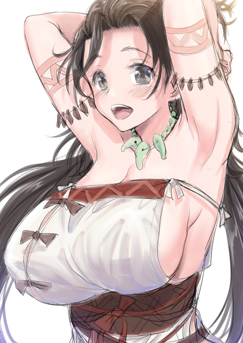 1girl absurdres armpits arms_behind_head arms_up bare_shoulders blush body_markings breasts breasts_day brown_eyes brown_hair cleavage dress facial_mark fate/grand_order fate_(series) forehead forehead_mark highres himiko_(fate) large_breasts long_hair looking_at_viewer magatama magatama_necklace open_mouth sash side_slit sideboob smile solo topknot twintails white_dress youshuu