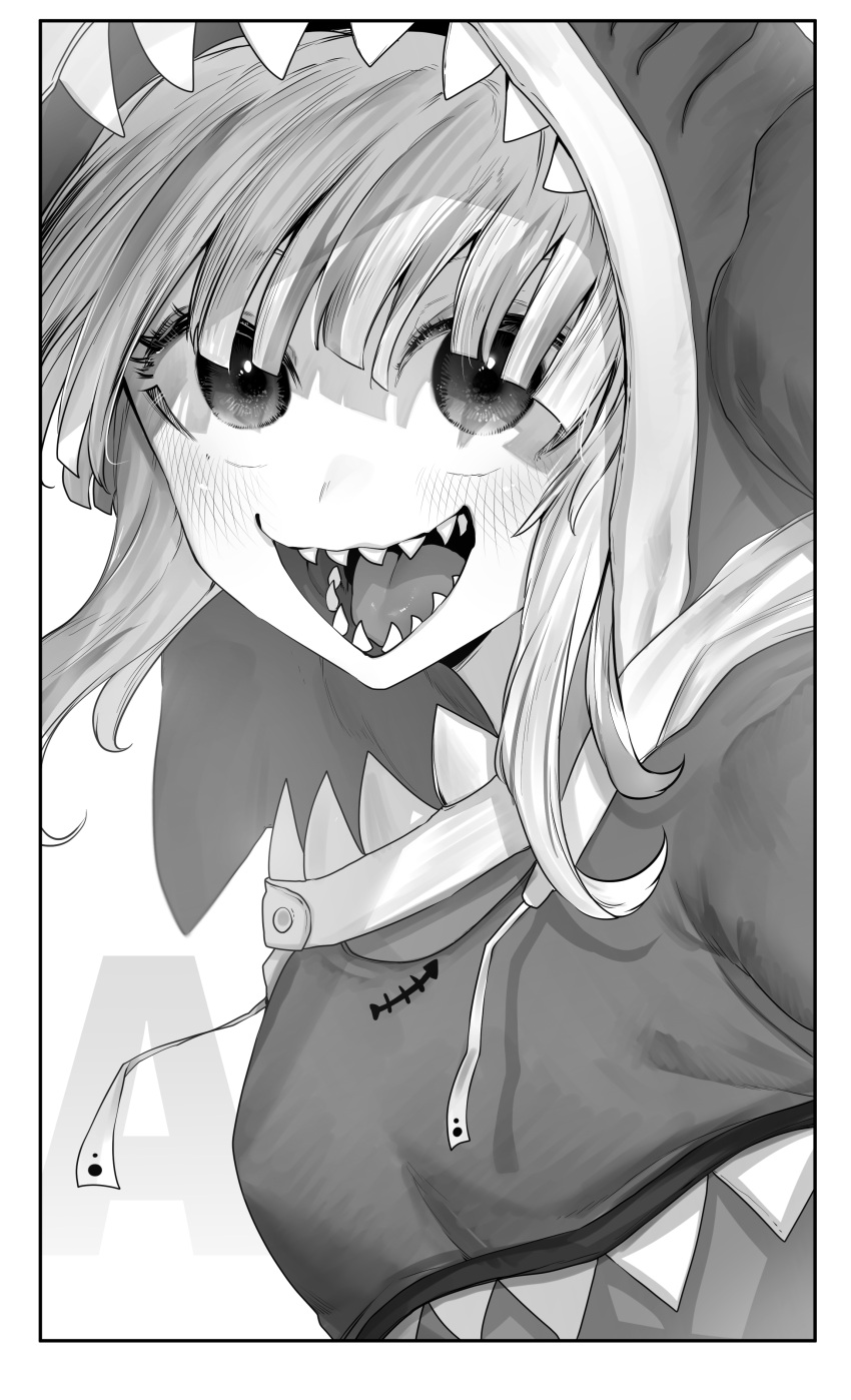 1girl a absurdres animal_hood blush commentary drawstring eyebrows_behind_hair gawr_gura greyscale highres hololive hololive_english hood hood_up monochrome niwarhythm open_mouth shadow shark_hood sharp_teeth teeth tongue virtual_youtuber