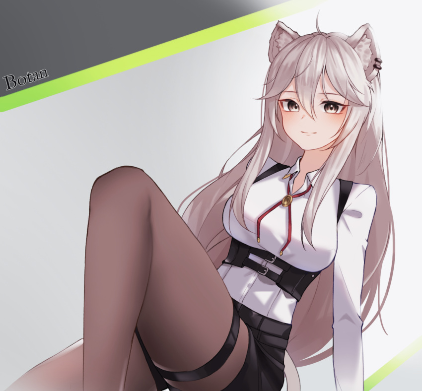 1girl animal_ears beige_legwear black_shorts bolo_tie breasts character_name chessy closed_mouth collared_shirt commentary dress_shirt english_text feet_out_of_frame grey_eyes grey_hair highres hololive knee_up lion_ears long_hair long_sleeves looking_at_viewer medium_breasts pantyhose shirt shishiro_botan short_shorts shorts sidelocks sitting smile solo thigh_strap very_long_hair virtual_youtuber white_shirt