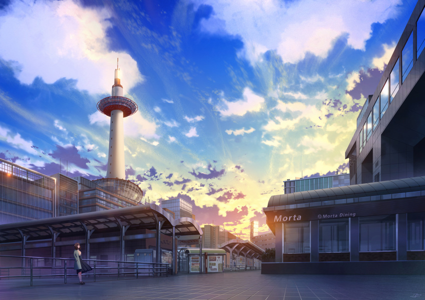 1girl black_footwear black_skirt blue_coat brown_hair building cityscape cloud coat commentary_request day english_text fence highres japan kyoto kyoto_tower long_hair long_skirt niko_p original scenery shirt shoes skirt sky socks solo sunlight tower white_legwear white_shirt