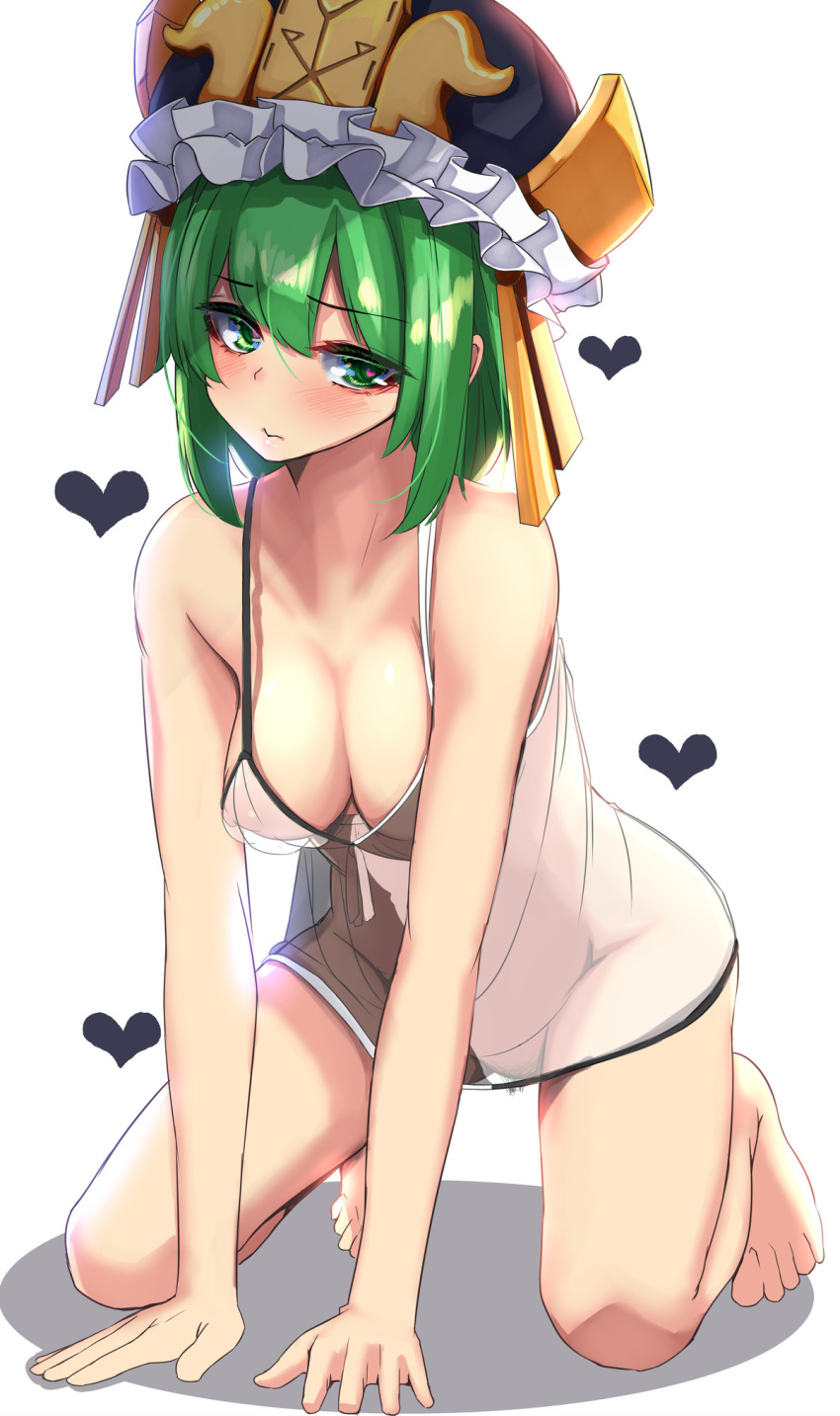 1girl :s bare_legs barefoot bow breasts cleavage covered_nipples frilled_hat frills green_eyes green_hair hands_on_floor hat heart heart-shaped_pupils highres kneeling medium_breasts nightgown pubic_hair see-through shiki_eiki short_hair simple_background solo symbol-shaped_pupils touhou white_background white_nightgown yukito_(dreamrider)