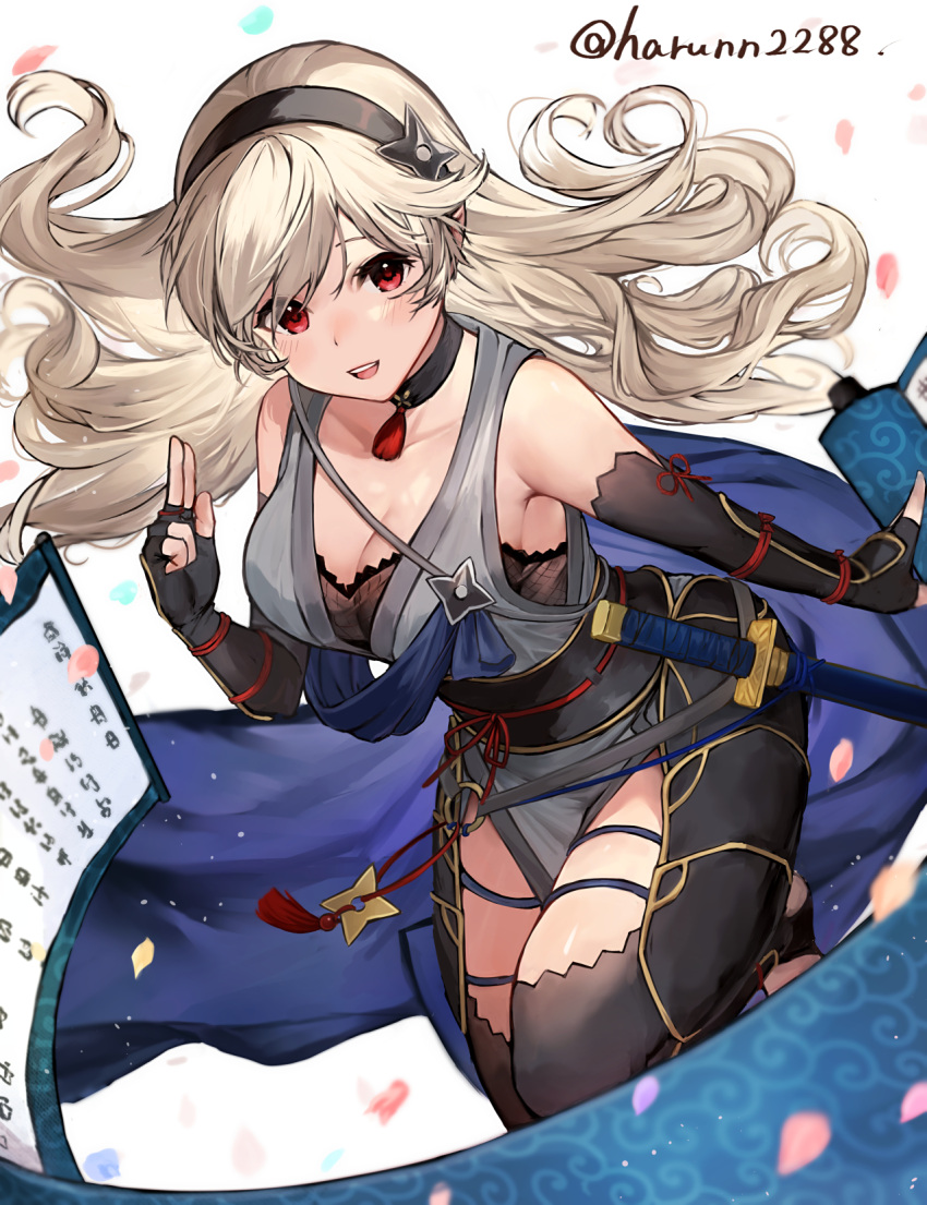 1girl alternate_costume armor bangs blush bodysuit breasts cleavage corrin_(fire_emblem) corrin_(fire_emblem)_(female) fire_emblem fire_emblem_fates fire_emblem_heroes fishnets gloves hair_between_eyes hair_ornament hairband haru_(nakajou-28) highres japanese_armor japanese_clothes katana large_breasts long_hair looking_at_viewer manakete ninja official_alternate_costume open_mouth pointy_ears red_eyes scarf silver_hair simple_background smile solo sword thighhighs weapon white_hair