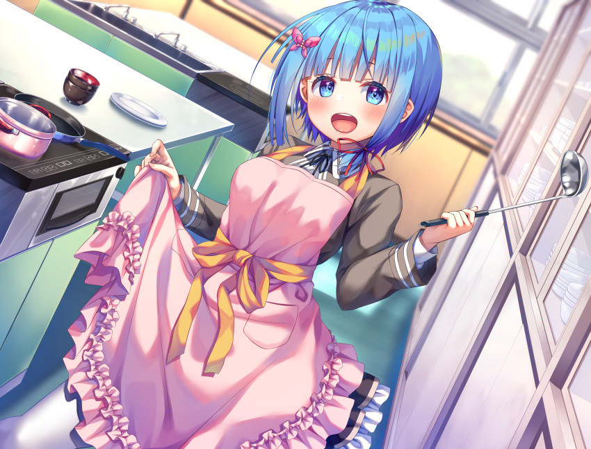 1girl :d absurdres apron apron_lift asa_no_ha_(awayuki) bangs blue_eyes blue_hair blunt_bangs blurry blush bow breasts commentary_request cup depth_of_field dutch_angle eyebrows_behind_hair flower frilled_apron frills frying_pan hair_flower hair_ornament highres holding holding_ladle indoors kouhai_shoujo ladle long_sleeves looking_at_viewer medium_breasts official_art open_mouth pink_apron plate pot red_ribbon ribbon shelf short_hair sink skirt smile solo stove table teeth upper_teeth white_legwear window yellow_bow