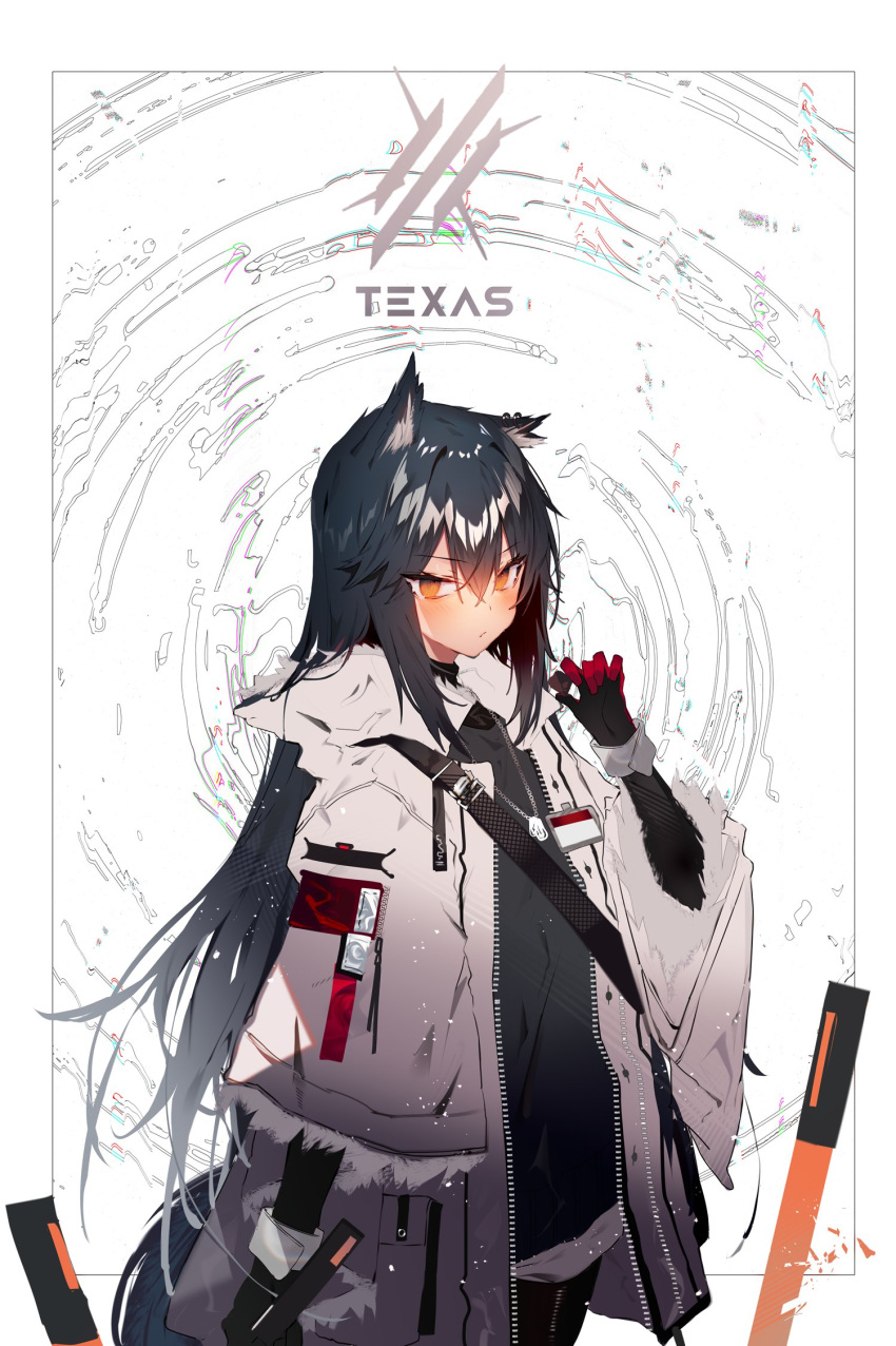 1girl animal_ear_fluff animal_ears arknights bangs black_gloves black_shirt border character_name closed_mouth cowboy_shot elbow_gloves gloves hair_between_eyes hand_up highres holding holding_sword holding_weapon jacket jewelry long_hair long_sleeves looking_at_viewer necklace official_alternate_costume open_clothes open_jacket outside_border shirt sidelocks solo soukou_makura sword texas_(arknights) texas_(winter_messenger)_(arknights) weapon wide_sleeves wolf_ears wrist_cuffs