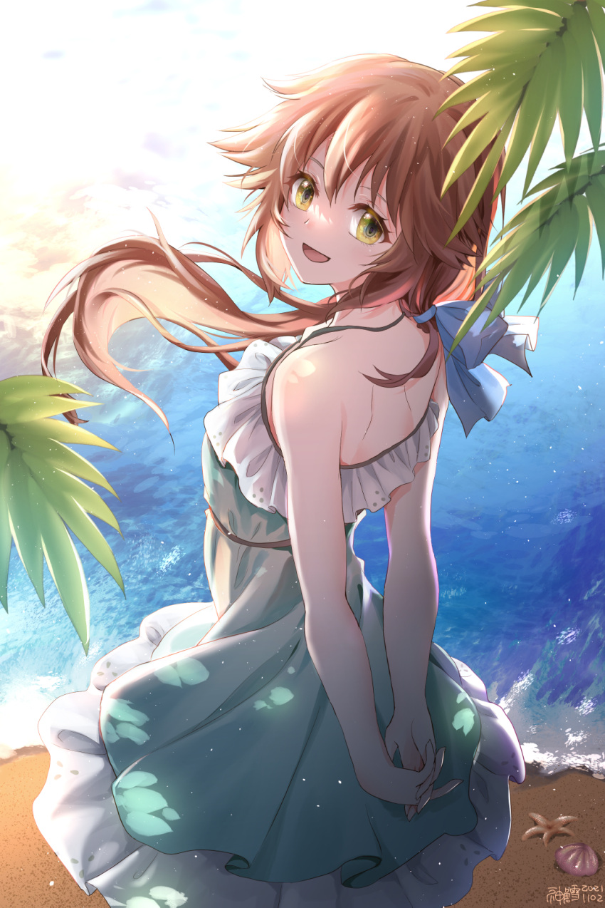 1girl alternate_costume arms_behind_back beach blue_dress blue_ribbon brown_hair commentary cowboy_shot dappled_sunlight dated day dress eiyuu_densetsu eyelashes floating_hair frilled_dress frills from_behind green_eyes hair_between_eyes hair_ribbon highres leaf long_hair looking_at_viewer looking_back ocean open_mouth outdoors own_hands_clasped own_hands_together ribbon seashell sen_no_kiseki shell signature sleeveless sleeveless_dress smile solo starfish sunlight towa_herschel willfin wind