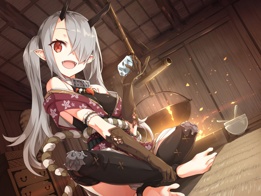 1girl :d armor ayakashi_kyoushuutan bare_shoulders barefoot breasts brown_gloves commentary_request crossed_ankles cura drawer dutch_angle fangs fire from_below gloves hair_over_one_eye highres horns ice indian_style indoors jewelry long_hair looking_at_viewer medium_breasts necklace off_shoulder official_art oni oni_horns open_mouth pointy_ears pot red_eyes rug saki_(ayakashi_kyoushuutan) silver_hair sitting sleeveless smile solo twintails