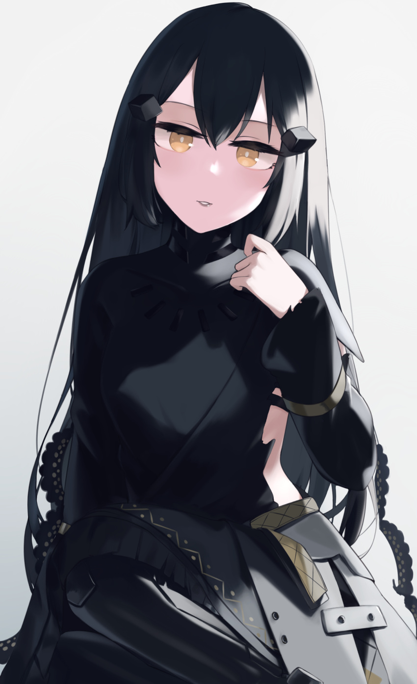 1girl absurdres bangs black_dress black_hair breasts dandelion_(girls'_frontline) dress girls'_frontline highres hinami047 joints long_hair looking_at_viewer mechanical_legs medium_breasts open_mouth paradeus robot_joints sidelocks solo upper_body white_background yellow_eyes
