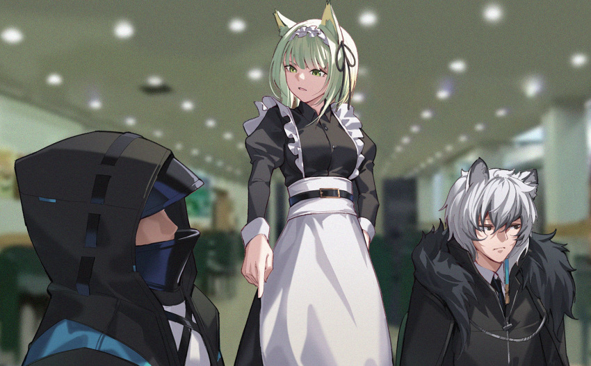 1girl 2boys animal_ears apron arknights bangs black_dress black_eyes black_jacket blurry blurry_background cat_ears chinese_commentary commentary_request cowboy_shot doctor_(arknights) dress fur_trim green_eyes highres hood hooded_jacket indoors jacket juliet_sleeves kal'tsit_(arknights) leopard_ears long_sleeves maid maid_apron maid_headdress male_doctor_(arknights) multiple_boys nian parted_lips pointing puffy_sleeves short_hair silver_hair silverash_(arknights) standing upper_body white_apron