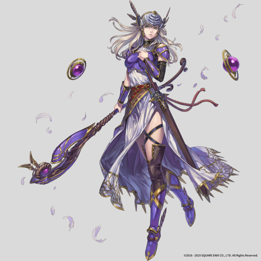 1girl armor armored_boots armored_dress blonde_hair boots breastplate helmet highres long_hair nishiki_areku official_art purple_armor sheath sheathed shoulder_armor silmeria_valkyrie solo sword thigh_strap valkyrie valkyrie_profile valkyrie_profile_anatomia weapon winged_helmet