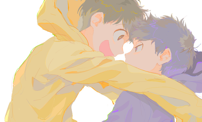 2boys :d backlighting bangs brothers brown_hair close-up covered_mouth eye_contact eyebrows_visible_through_hair face-to-face glomp half-closed_eyes happy hood hood_up hoodie hug long_sleeves looking_at_another male_focus matsuno_ichimatsu matsuno_jyushimatsu multiple_boys open_mouth osomatsu-kun osomatsu-san outstretched_arms pale_color purple_eyes purple_hoodie qqmng siblings sideways_mouth simple_background smile upper_body white_background yellow_hoodie