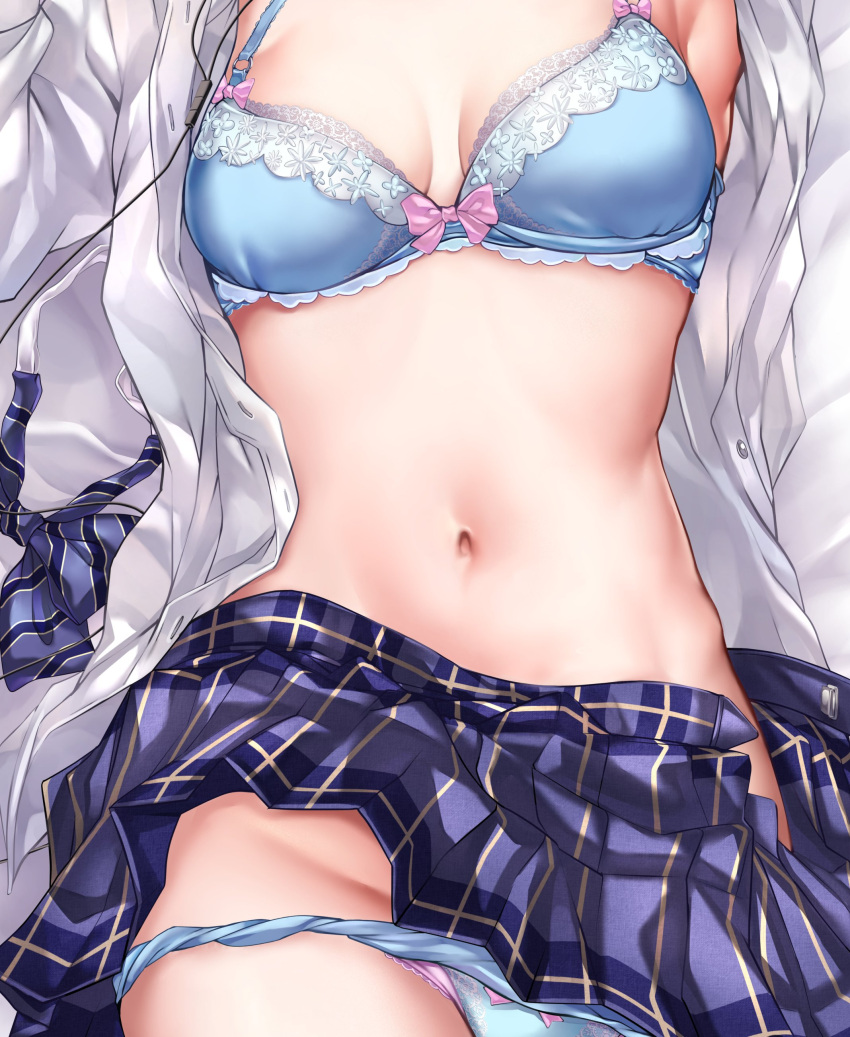 1girl absurdres blue_bow blue_bra blue_skirt bow bowtie bowtie_removed bra breasts cable commentary head_out_of_frame highres navel open_clothes open_shirt original otomore_(shashaki) panties panty_pull school_uniform shashaki shirt skirt solo stomach stomach_day underwear white_shirt