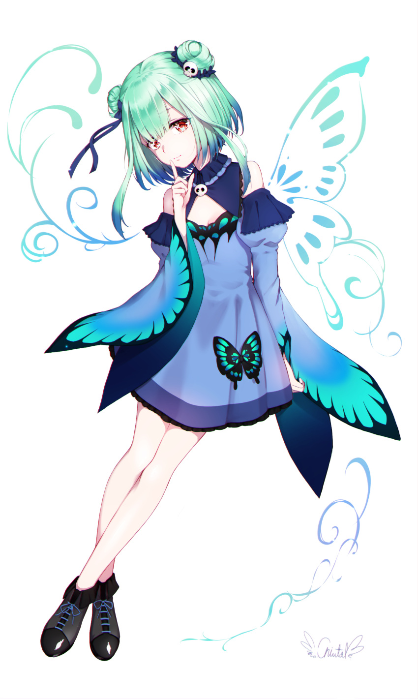 1girl absurdres bangs bare_legs black_footwear blue_dress blue_hair blue_ribbon butterfly_wings chiutake_mina closed_mouth commentary detached_sleeves double_bun drawn_wings dress eyebrows_visible_through_hair finger_to_mouth full_body green_hair hair_ornament hair_ribbon highres hololive juliet_sleeves long_hair long_sleeves looking_at_viewer multicolored_hair puffy_sleeves red_eyes ribbon shoes shushing skull_hair_ornament solo streaked_hair uruha_rushia virtual_youtuber wings