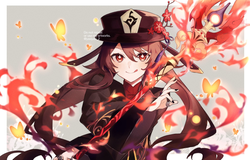 1girl :q black_headwear black_nails brooch brown_hair chinese_clothes coat coattails collared_coat colored_tips commentary flower flower-shaped_pupils genshin_impact hat hat_flower hat_ornament highres hu_tao_(genshin_impact) jewelry multiple_rings plum_blossoms porkpie_hat red_eyes red_shirt ring shirt smile solo staff_of_homa_(genshin_impact) symbol-shaped_pupils tailcoat thumb_ring tongue tongue_out twintails yasiyasi_2