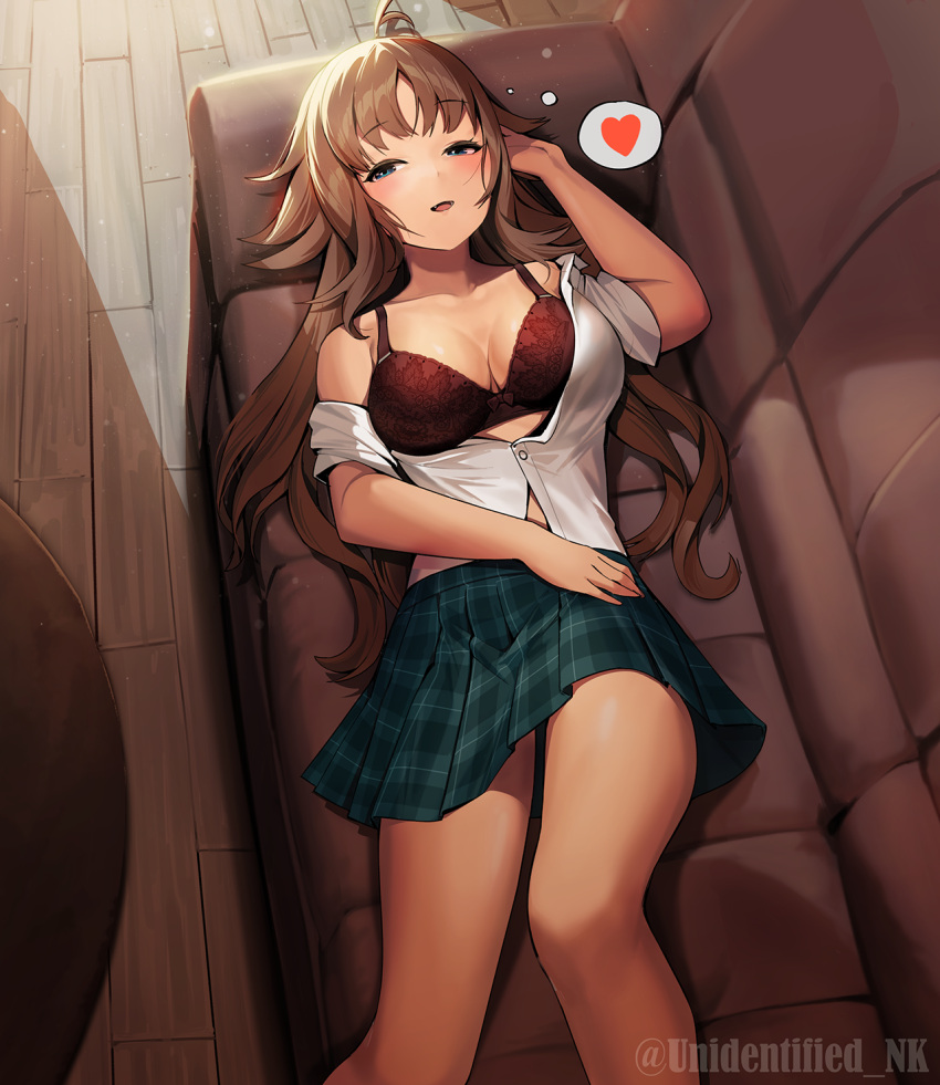 1girl :d ahoge arm_across_waist arm_up bangs bare_legs bare_shoulders blue_eyes blush bra breasts brown_hair cleavage collarbone couch eyebrows_visible_through_hair fang feet_out_of_frame from_above green_skirt heart highres indoors kaori_(princess_connect!) kaori_(real)_(princess_connect!) large_breasts long_hair looking_at_viewer lying miniskirt off_shoulder on_back on_couch open_clothes open_mouth open_shirt plaid plaid_skirt pleated_skirt princess_connect! red_bra school_uniform shirt short_sleeves skirt smile solo twitter_username unbuttoned unbuttoned_shirt underwear unidentified_nk very_long_hair white_shirt wooden_floor