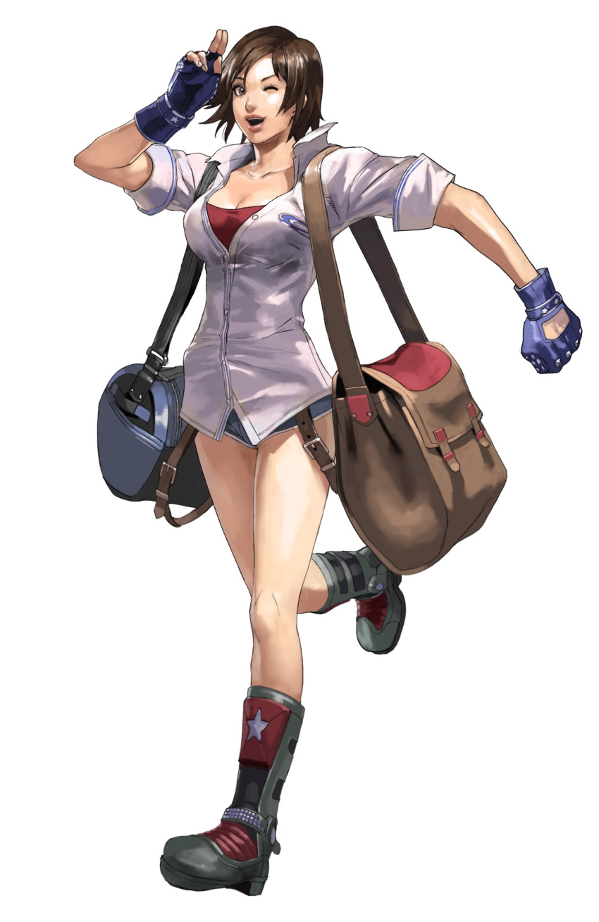 1girl ;d bag blue_bag blue_gloves boots breasts brown_bag brown_eyes brown_hair buttons cleavage collared_shirt denim denim_shorts fingerless_gloves full_body gloves highres junny kazama_asuka large_breasts looking_at_viewer official_art one_eye_closed open_mouth partially_unbuttoned salute shirt short_hair short_shorts short_sleeves shorts shoulder_bag simple_background smile solo star_(symbol) strapless suspender_shorts suspenders tekken tekken_7 tube_top walking white_background white_shirt
