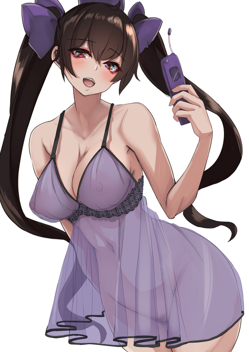 1girl :s bow breasts brown_hair cellphone cleavage covered_nipples frills hair_bow hands_on_floor hat heart heart-shaped_pupils highres himekaidou_hatate long_hair medium_breasts navel nightgown phone pubic_hair purple_bow purple_eyes purple_nightgown see-through simple_background solo symbol-shaped_pupils tokin_hat touhou twintails white_background yukito_(dreamrider)