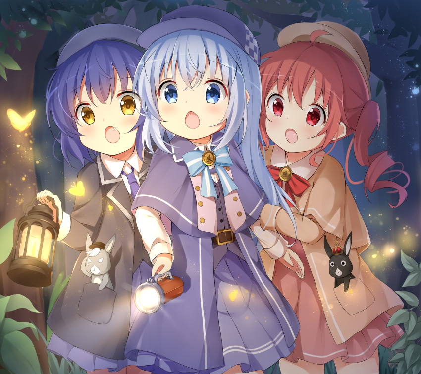 3girls :o absurdres animal anko_(gochiusa) bangs baseball_cap black_jacket black_vest blue_bow blue_capelet blue_eyes blue_hair blue_headwear blue_skirt bow brown_hair brown_headwear brown_jacket brown_skirt bug bunny butterfly capelet chimame-tai collared_shirt commentary_request crown eyebrows_visible_through_hair fang flashlight gochuumon_wa_usagi_desu_ka? hair_between_eyes hair_ornament hat highres holding holding_lantern jacket jouga_maya kafuu_chino lantern long_hair long_sleeves mini_crown multiple_girls natsu_megumi necktie night open_clothes open_jacket open_mouth outdoors pleated_skirt purple_necktie red_bow red_eyes revision shirt skirt stick_jitb tree twintails very_long_hair vest white_shirt wild_geese x_hair_ornament yellow_eyes